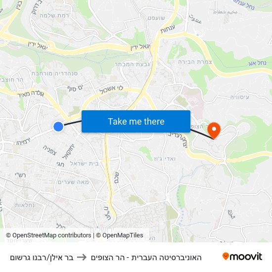 בר אילן/רבנו גרשום to האוניברסיטה העברית - הר הצופים map