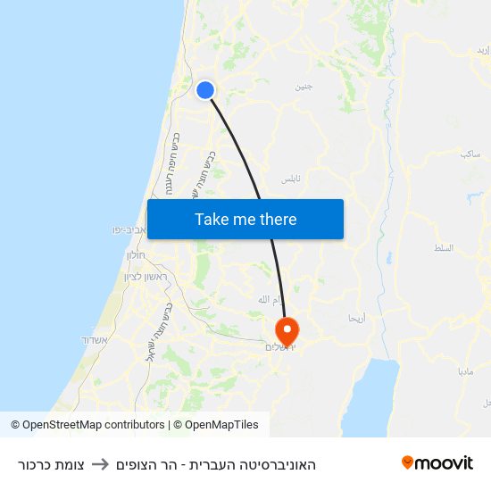 צומת כרכור to האוניברסיטה העברית - הר הצופים map