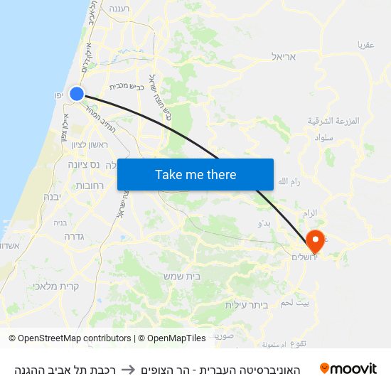 רכבת תל אביב ההגנה to האוניברסיטה העברית - הר הצופים map