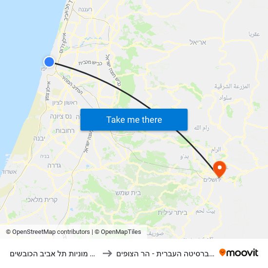 תחנת מוניות תל אביב הכובשים to האוניברסיטה העברית - הר הצופים map