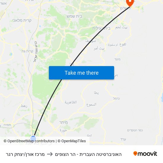 מרכז אורן/יצחק רגר to האוניברסיטה העברית - הר הצופים map