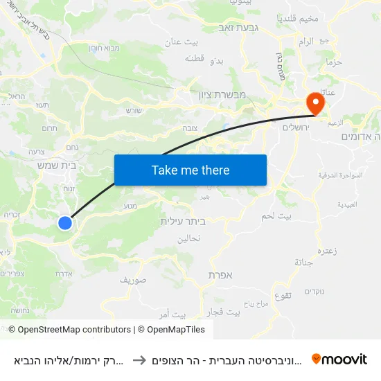 פארק ירמות/אליהו הנביא to האוניברסיטה העברית - הר הצופים map