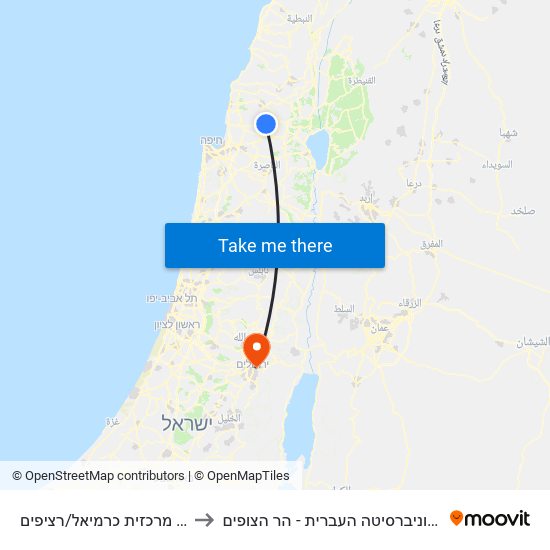 ת. מרכזית כרמיאל/רציפים to האוניברסיטה העברית - הר הצופים map