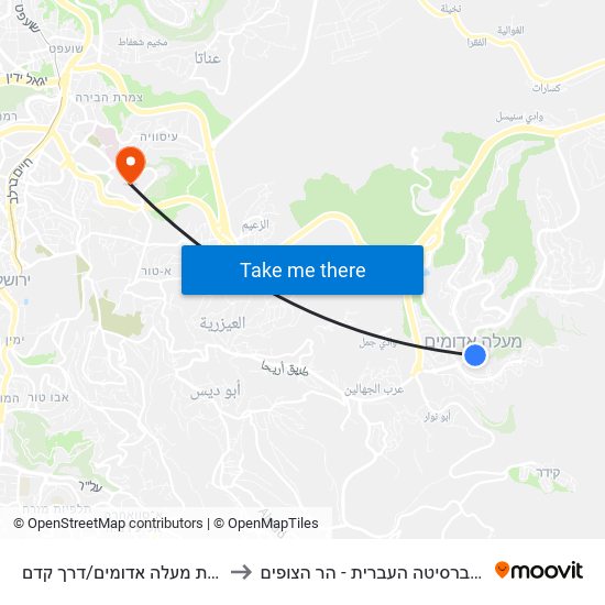 עיריית מעלה אדומים/דרך קדם to האוניברסיטה העברית - הר הצופים map