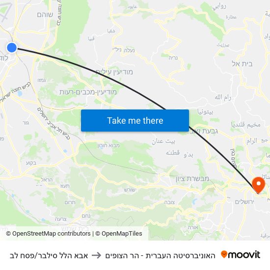 אבא הלל סילבר/פסח לב to האוניברסיטה העברית - הר הצופים map