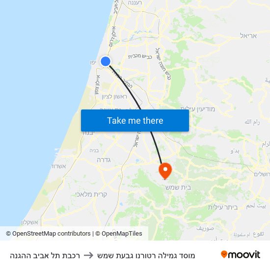 רכבת תל אביב ההגנה to מוסד גמילה רטורנו גבעת שמש map