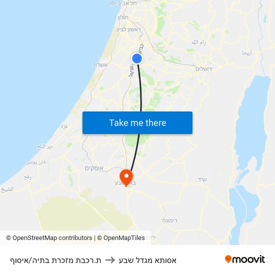 ת.רכבת מזכרת בתיה/איסוף to אסותא מגדל שבע map