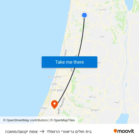 צומת יקנעם/מושבה to בית חולים גריאטרי הרצפלד map
