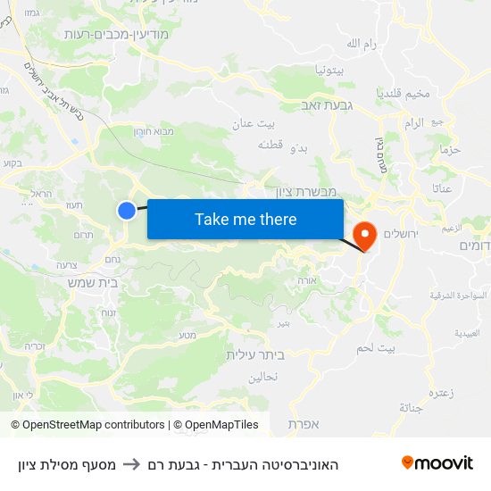 מסעף מסילת ציון to האוניברסיטה העברית - גבעת רם map