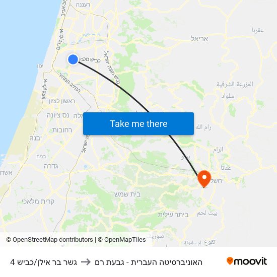 גשר בר אילן/כביש 4 to האוניברסיטה העברית - גבעת רם map