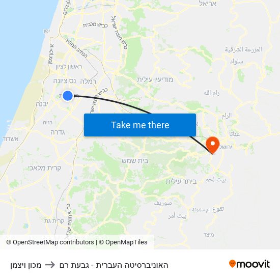 מכון ויצמן to האוניברסיטה העברית - גבעת רם map