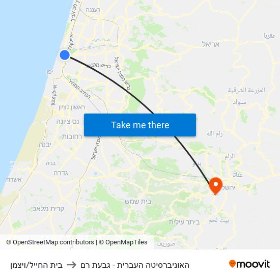 בית החייל/ויצמן to האוניברסיטה העברית - גבעת רם map