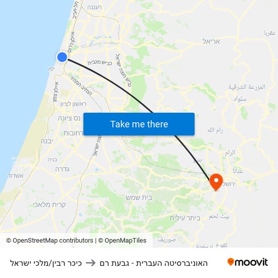 כיכר רבין/מלכי ישראל to האוניברסיטה העברית - גבעת רם map
