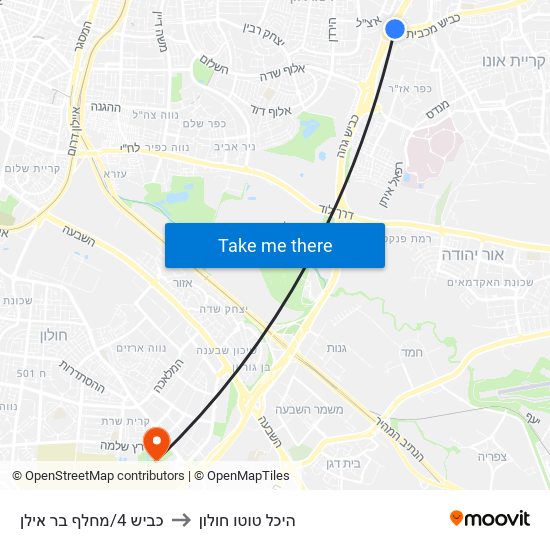 כביש 4/מחלף בר אילן to היכל טוטו חולון map