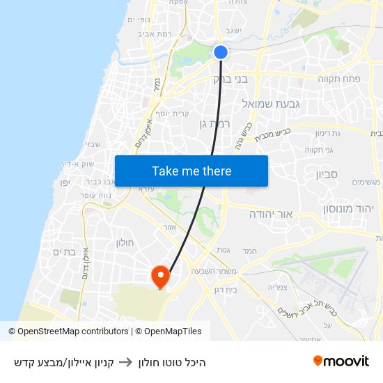 קניון איילון/מבצע קדש to היכל טוטו חולון map