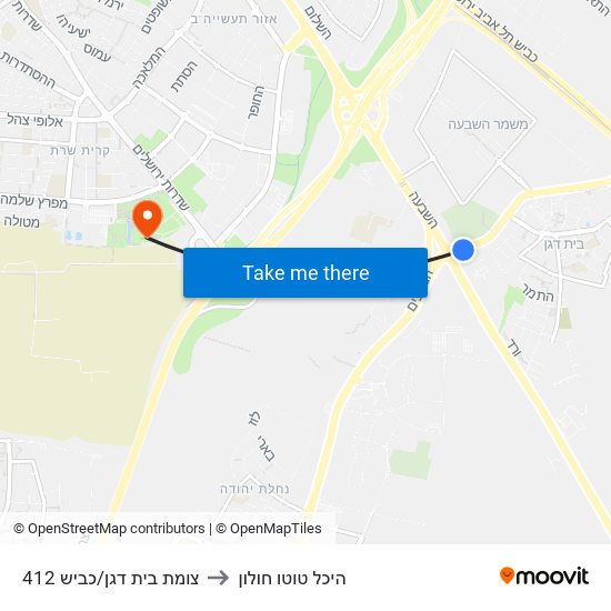צומת בית דגן/כביש 412 to היכל טוטו חולון map