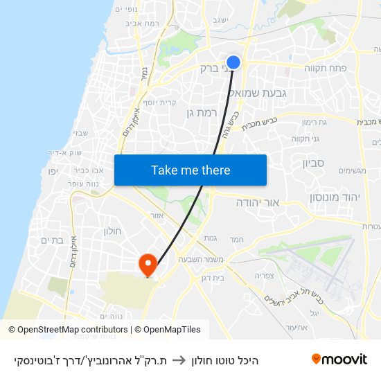 ת.רק''ל אהרונוביץ'/דרך ז'בוטינסקי to היכל טוטו חולון map