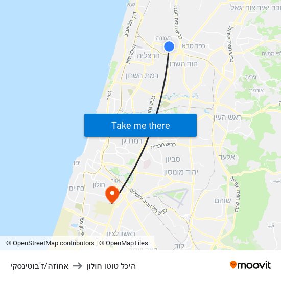 אחוזה/ז'בוטינסקי to היכל טוטו חולון map