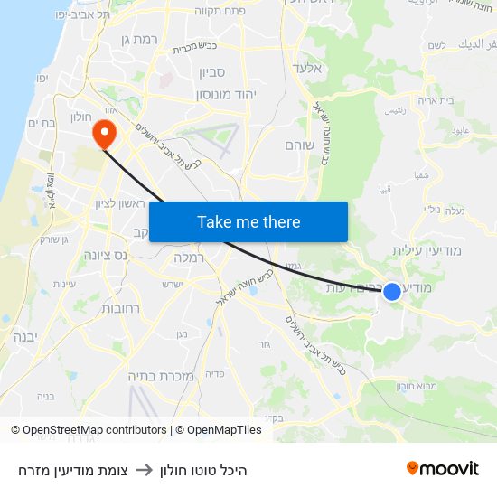 צומת מודיעין מזרח to היכל טוטו חולון map