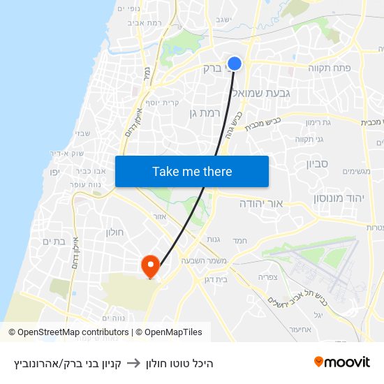 קניון בני ברק/אהרונוביץ to היכל טוטו חולון map