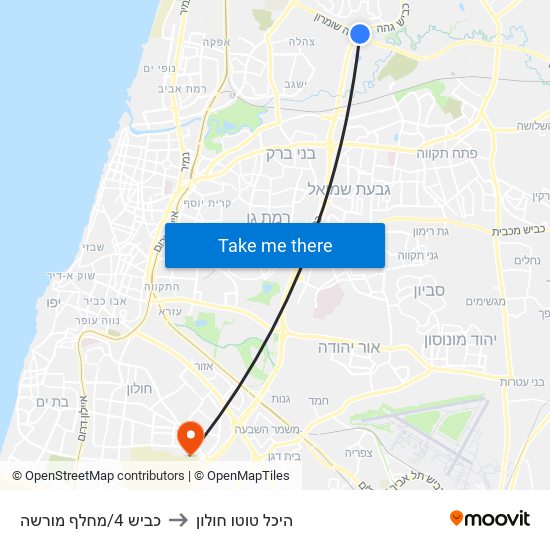 כביש 4/מחלף מורשה to היכל טוטו חולון map