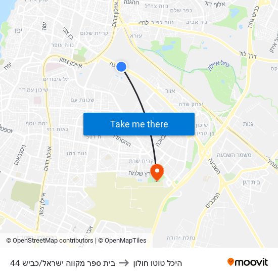 בית ספר מקווה ישראל/כביש 44 to היכל טוטו חולון map