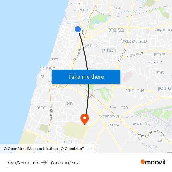 בית החייל/ויצמן to היכל טוטו חולון map