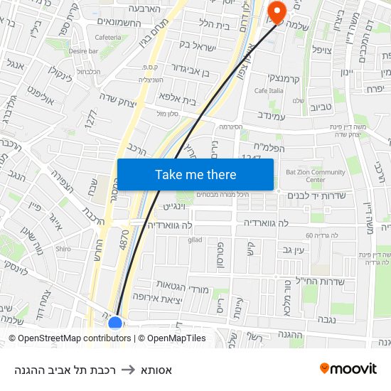 רכבת תל אביב ההגנה to אסותא map