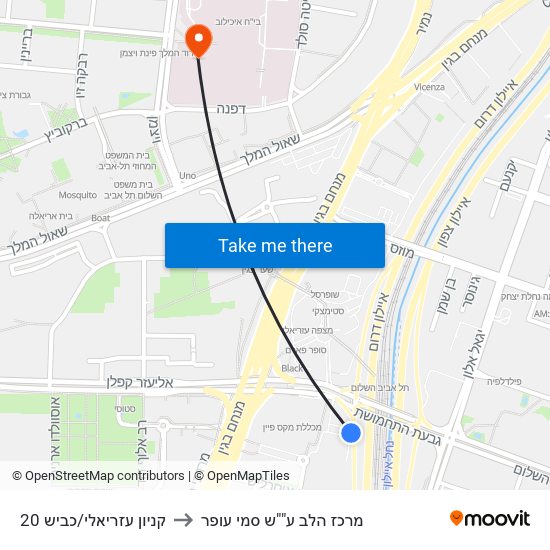 קניון עזריאלי/כביש 20 to מרכז הלב ע""ש סמי עופר map