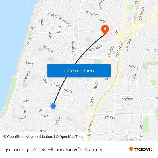 אלנבי/דרך מנחם בגין to מרכז הלב ע""ש סמי עופר map