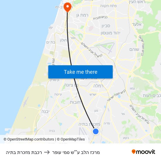 רכבת מזכרת בתיה to מרכז הלב ע""ש סמי עופר map