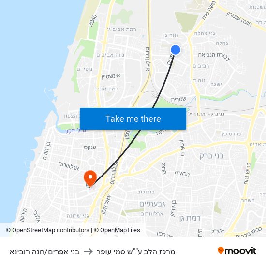 בני אפרים/חנה רובינא to מרכז הלב ע""ש סמי עופר map