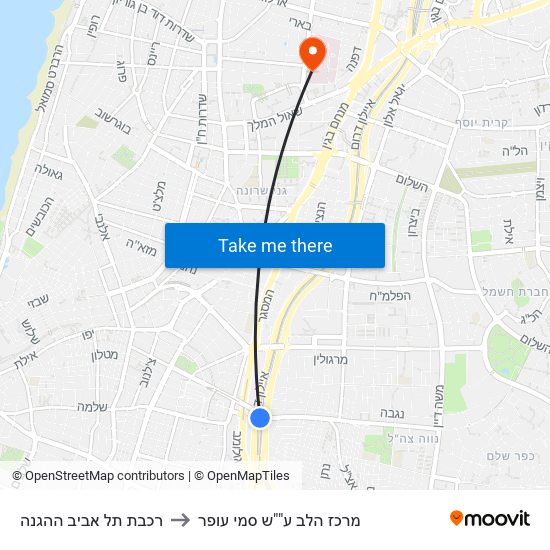 רכבת תל אביב ההגנה to מרכז הלב ע""ש סמי עופר map