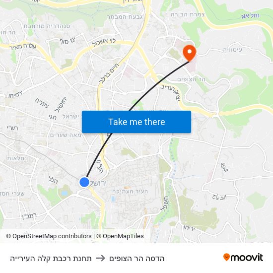 תחנת רכבת קלה העירייה to הדסה הר הצופים map