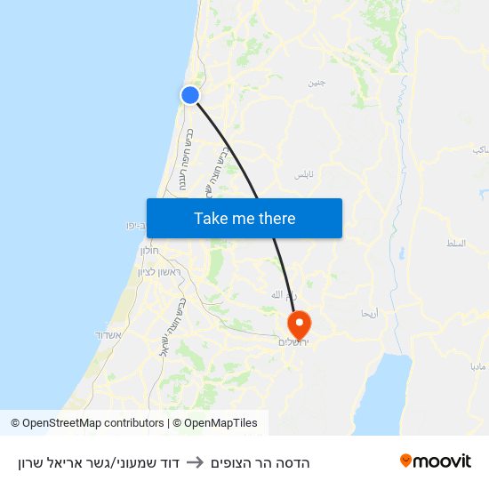 דוד שמעוני/גשר אריאל שרון to הדסה הר הצופים map