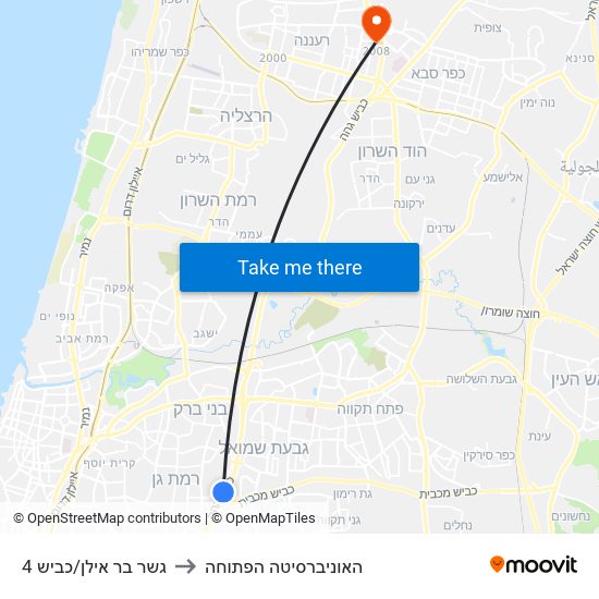 גשר בר אילן/כביש 4 to האוניברסיטה הפתוחה map