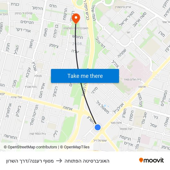 מסוף רעננה/דרך השרון to האוניברסיטה הפתוחה map