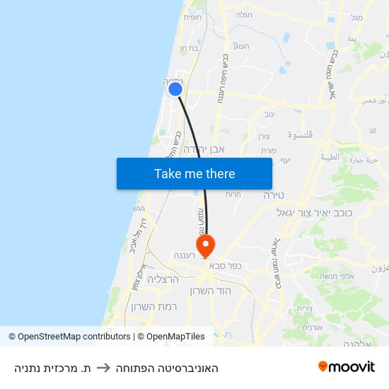 ת. מרכזית נתניה to האוניברסיטה הפתוחה map