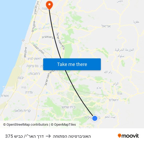 דרך האר''י/ כביש 375 to האוניברסיטה הפתוחה map