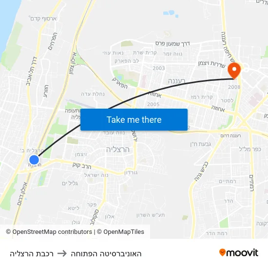 רכבת הרצליה to האוניברסיטה הפתוחה map
