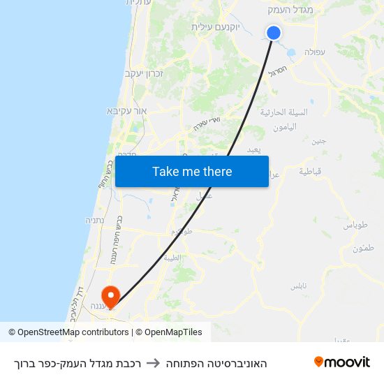 רכבת מגדל העמק-כפר ברוך to האוניברסיטה הפתוחה map