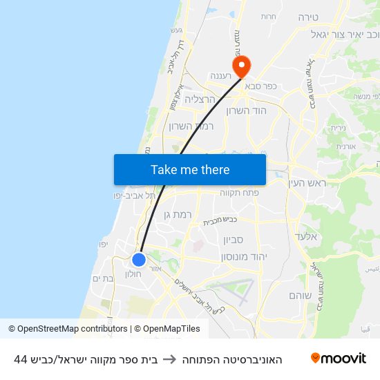 בית ספר מקווה ישראל/כביש 44 to האוניברסיטה הפתוחה map