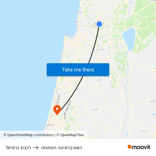 רכבת כרמיאל to האוניברסיטה הפתוחה map