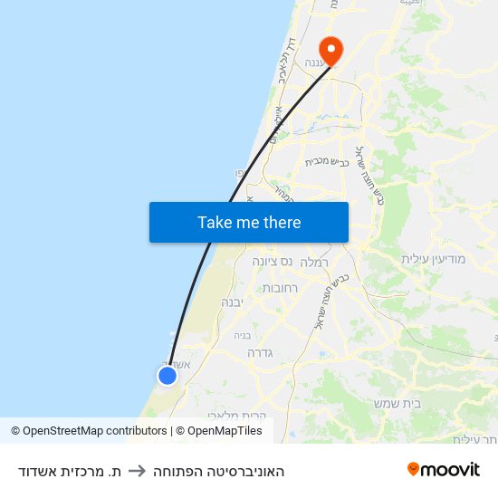 ת. מרכזית אשדוד to האוניברסיטה הפתוחה map