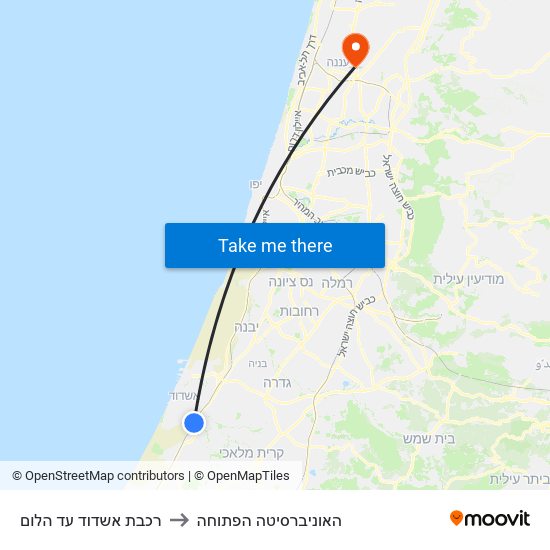 רכבת אשדוד עד הלום to האוניברסיטה הפתוחה map