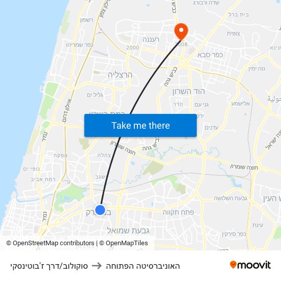 סוקולוב/דרך ז'בוטינסקי to האוניברסיטה הפתוחה map