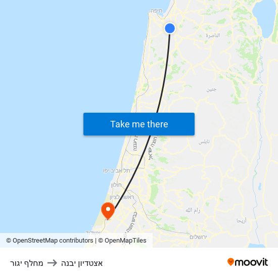 מחלף יגור to אצטדיון יבנה map