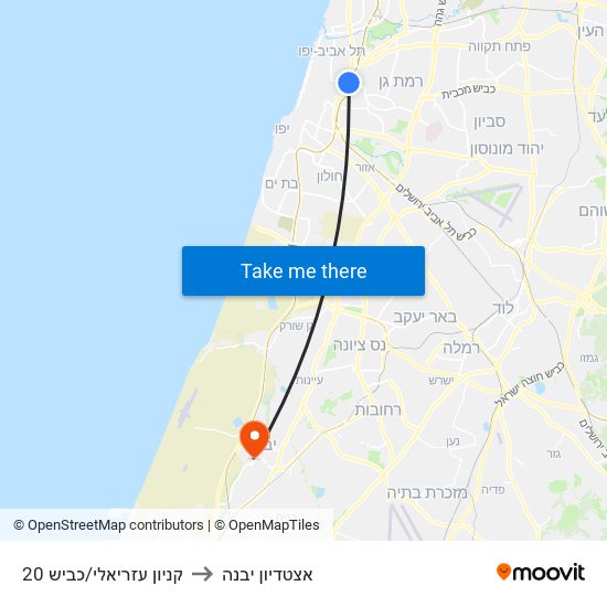 קניון עזריאלי/כביש 20 to אצטדיון יבנה map