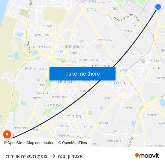 צומת תעשייה אווירית to אצטדיון יבנה map