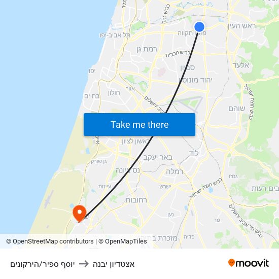 יוסף ספיר/הירקונים to אצטדיון יבנה map